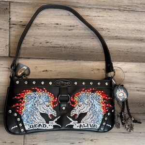 Ed Hardy Black Shoulder Bag with Twin Unicorn Graphics and Red Flame Accents